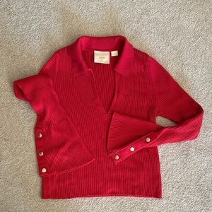 Anthropologie Red V-Neck Sweater with Button Accents